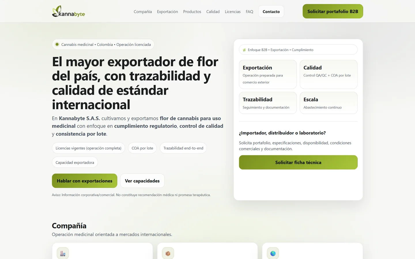 Kannabyte S.A.S., sitio corporativo de exportación de cannabis medicinal